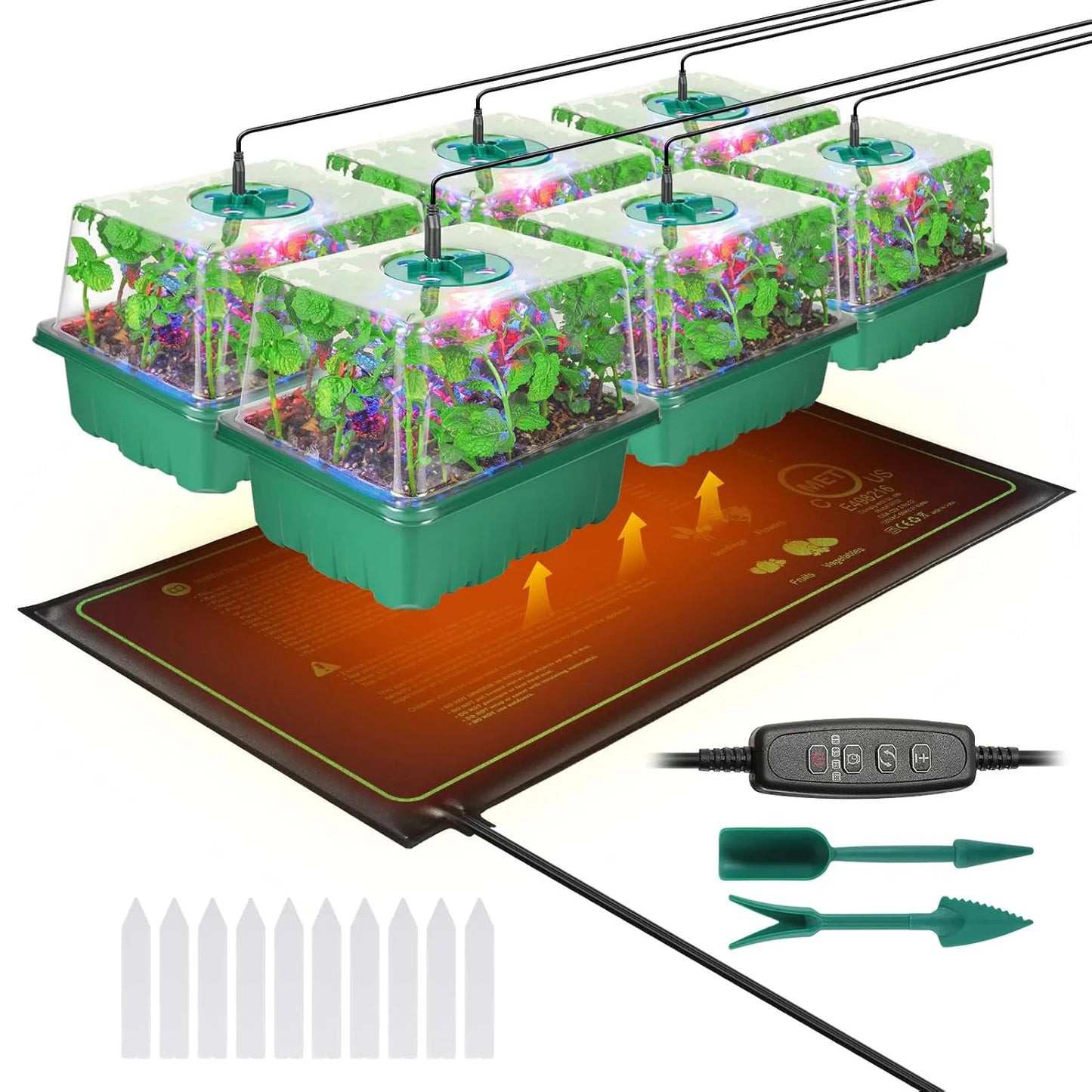 Seed Starter Tray with Grow Light Seed Starter Kit with Heat Mat Seedling Starter Trays with Timing Thicken Trays Humidity Domes
