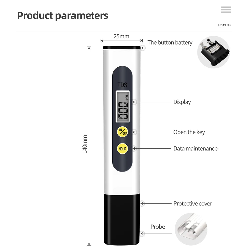 TDS Meter 0-9990ppm Digital PH Meter 0.01 PH High Precision Pen Water