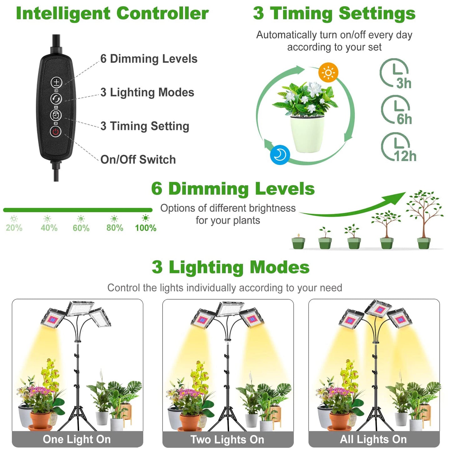 LED Grow Light Full Spectrum Floor Plant Lights Dimmable On/Off Switch Timer Adjustable Tripod Stand Grow Lamp for Indoor Plants