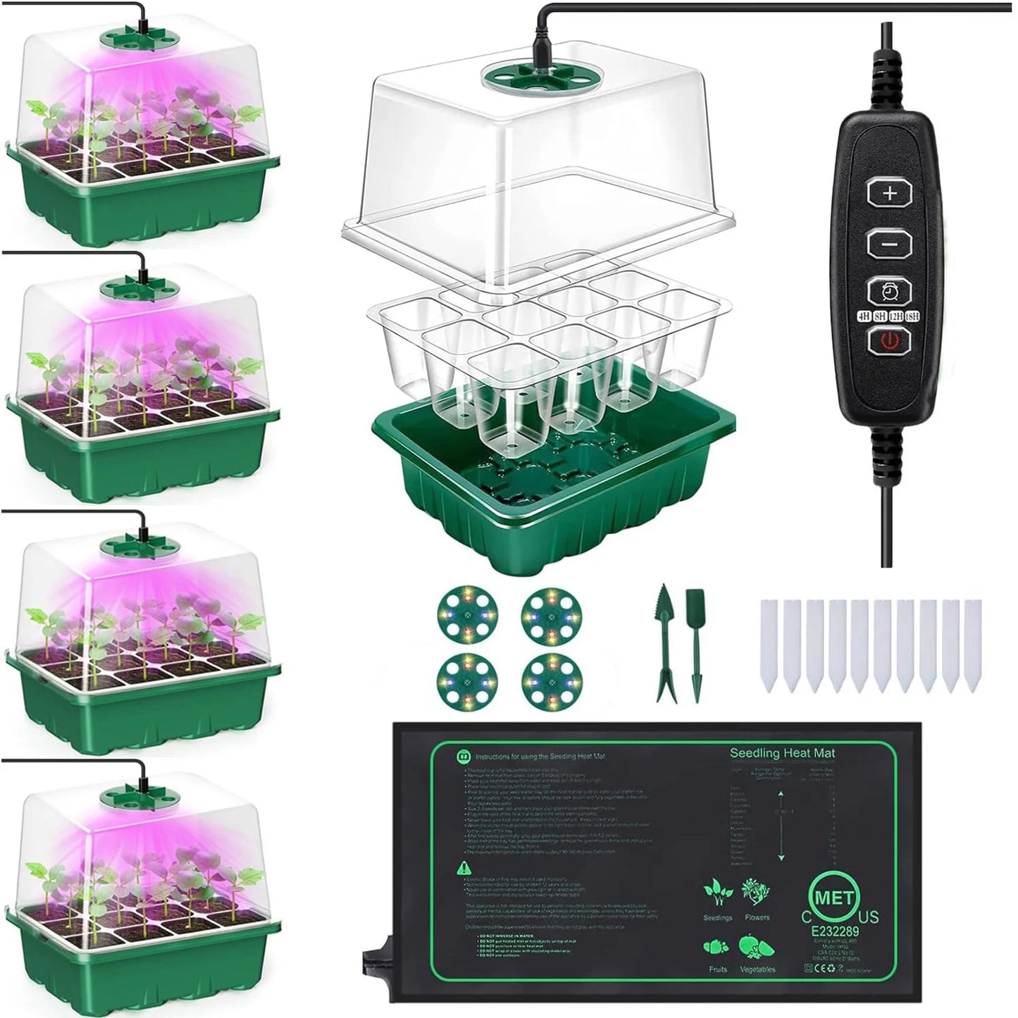 Seed Starter Tray with Grow Light Seed Starter Kit with Heat Mat Seedling Starter Trays with Timing Thicken Trays Humidity Domes
