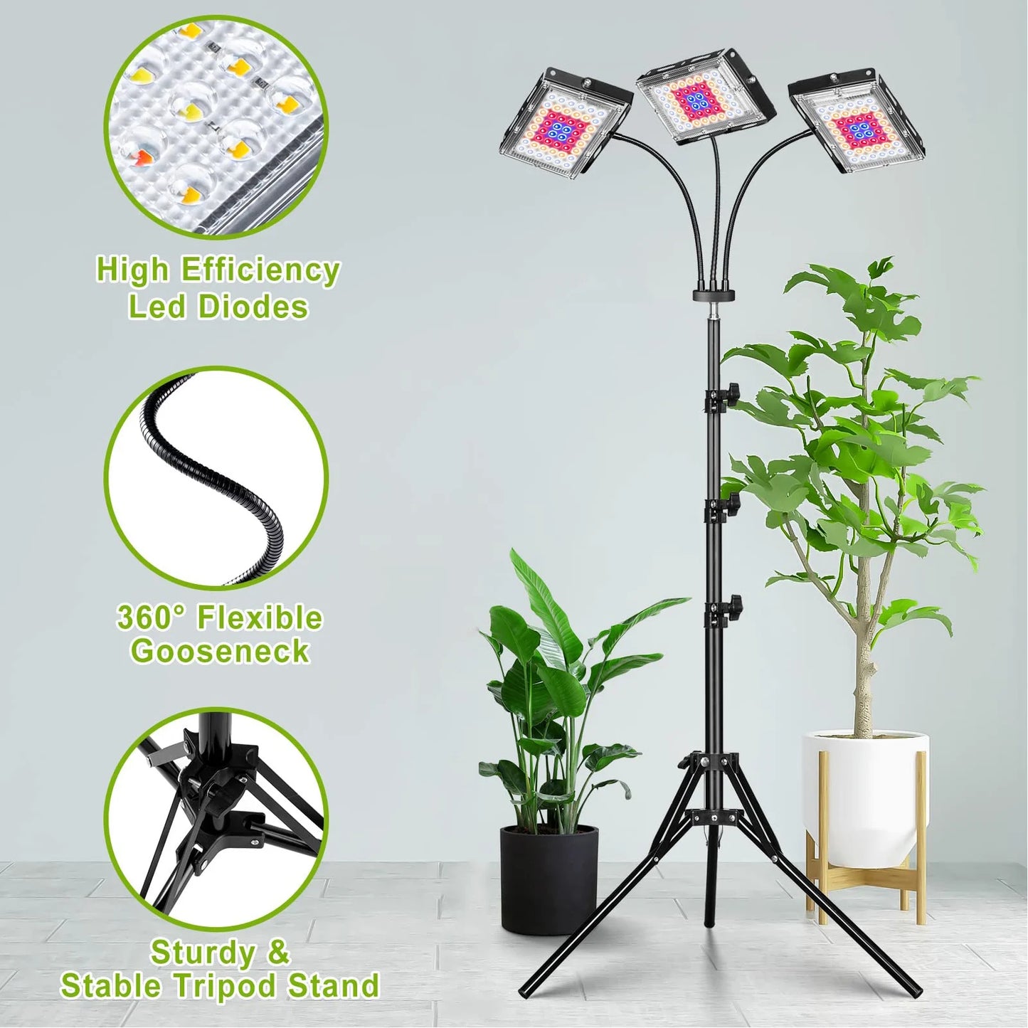 LED Grow Light Full Spectrum Floor Plant Lights Dimmable On/Off Switch Timer Adjustable Tripod Stand Grow Lamp for Indoor Plants