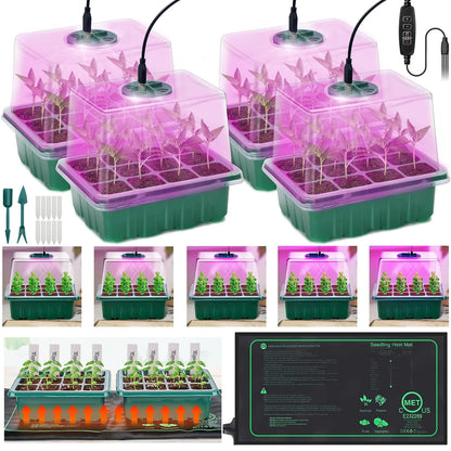 Seed Starter Tray with Grow Light Seed Starter Kit with Heat Mat Seedling Starter Trays with Timing Thicken Trays Humidity Domes