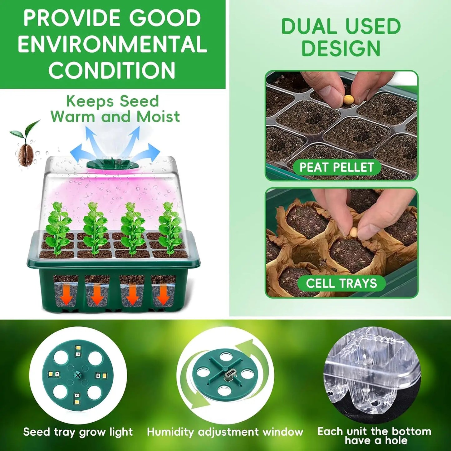 Seed Starter Tray with Grow Light Seed Starter Kit with Heat Mat Seedling Starter Trays with Timing Thicken Trays Humidity Domes