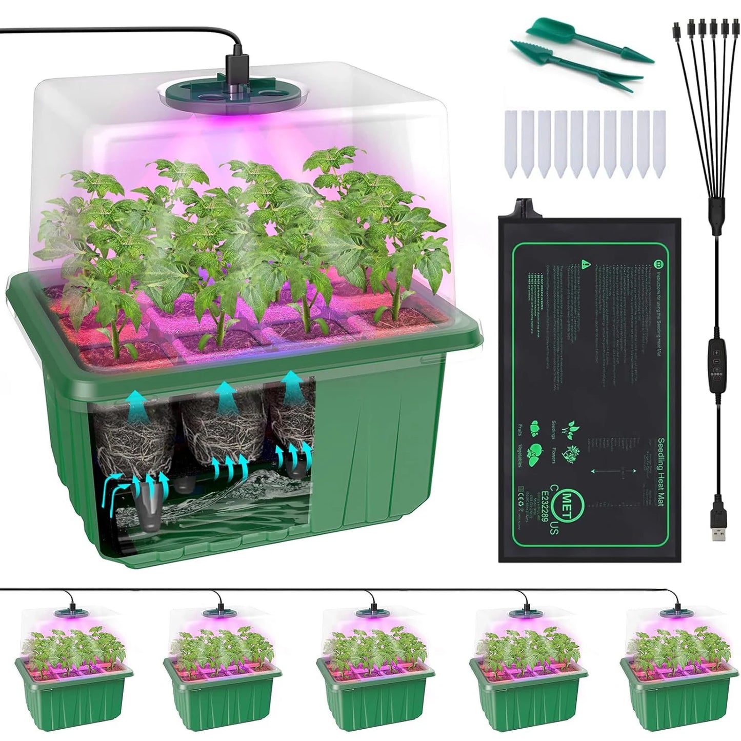 Seed Starter Tray with Grow Light Seed Starter Kit with Heat Mat Seedling Starter Trays with Timing Thicken Trays Humidity Domes