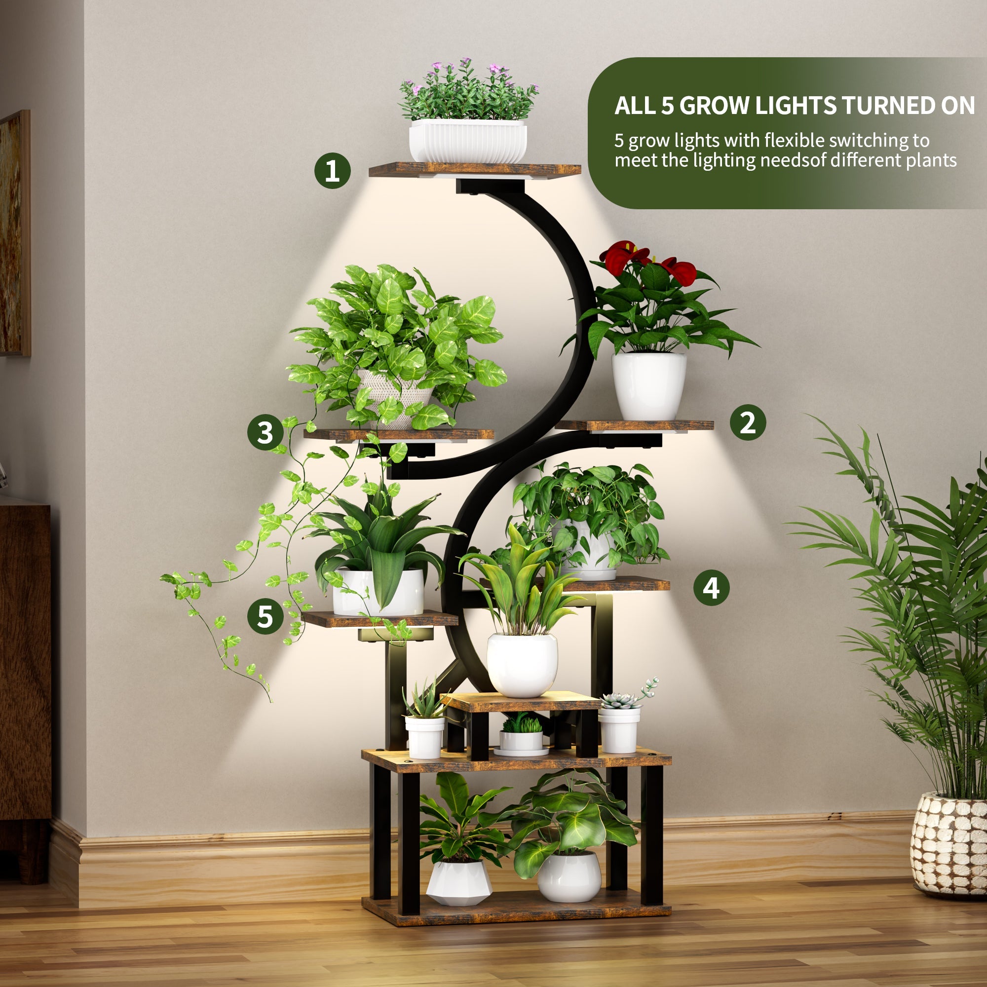 8-Tiered Indoor Plant Stand with 5 Grow Lights, 10-Level Stepless